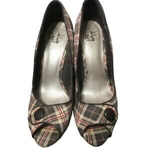 Diba Girl Shoes Brown, Tan & Red Plaid Peep Toe Pin Up Leather Sole 4" Heels